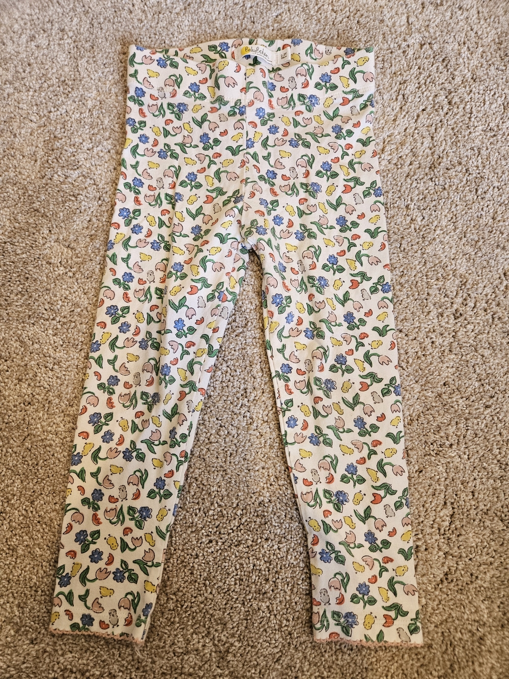 Baby Boden Cream Leggings with Colorful Floral & Chick Print 2-3Y